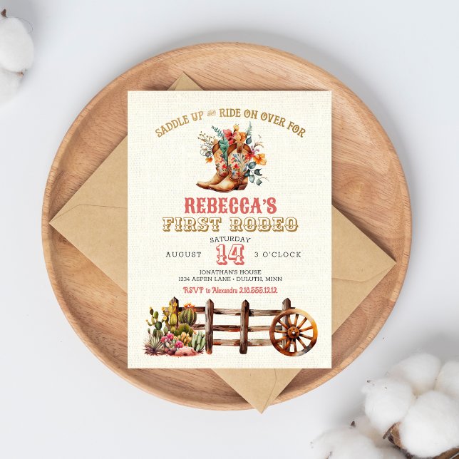 Rustic Boots Cowgirl 1st Rodeo Birthday Invitation (Creator Uploaded)