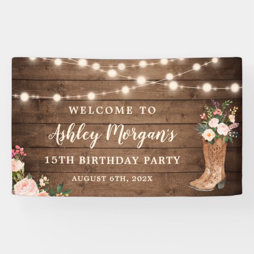 Rustic Boots Cowgirl String Lights Birthday Party Banner