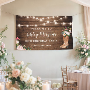 Rustic Boots Cowgirl String Lights Birthday Party Banner