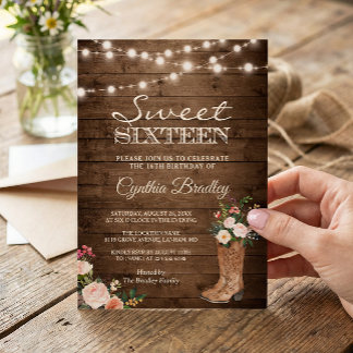 Rustic Boots Cowgirl Sweet Sixteen 16 Invitation