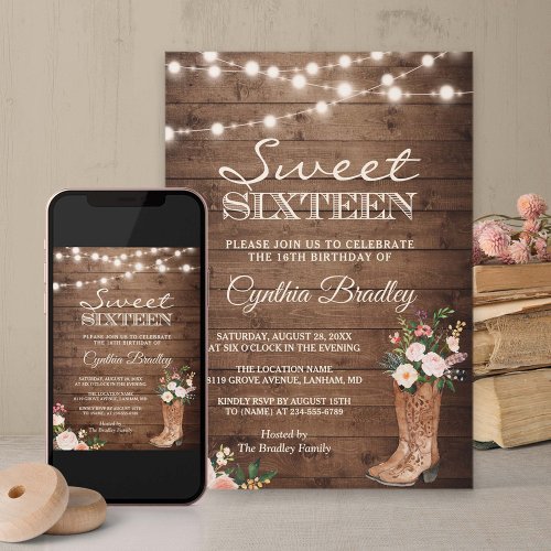 Rustic Boots Cowgirl Sweet Sixteen 16 Invitation