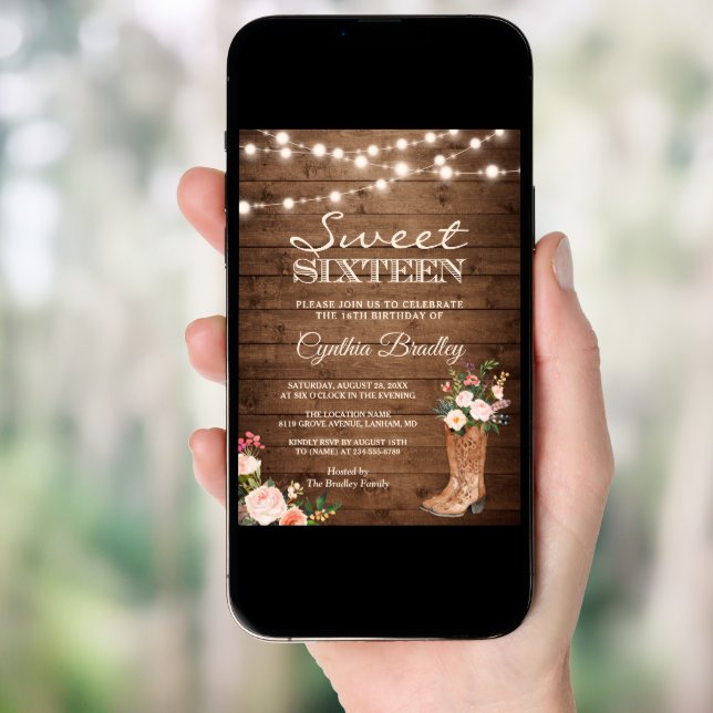 Rustic Boots Cowgirl Sweet Sixteen 16 Invitation (Front Digital)