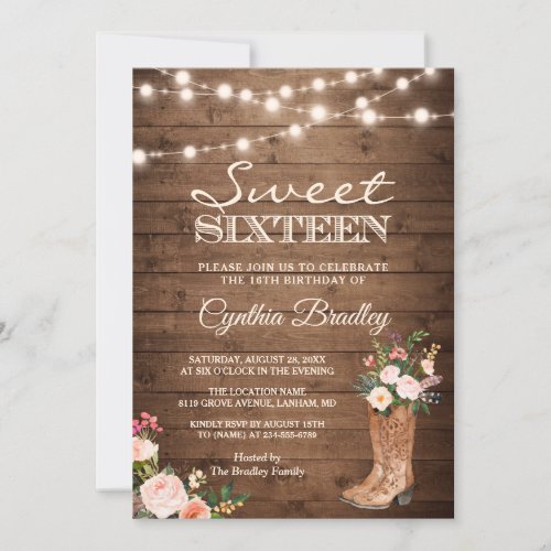 Rustic Boots Cowgirl Sweet Sixteen 16 Invitation - Rustic Boots Cowgirl Sweet Sixteen 16 Invitation Template. 
(1) For further customization, please click the "customize further" link and use our design tool to modify this template. 
(2) If you prefer Thicker papers / Matte Finish, you may consider to choose the Matte Paper Type. 
(3) If you need help or matching items, please contact me.