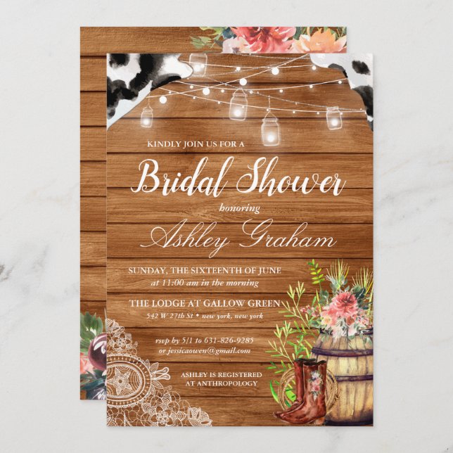 Rustic Boots Cowgirl Western Bridal Shower Invitation (Front/Back)