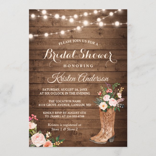 Rustic Boots Cowgirl Western Bridal Shower Invitation