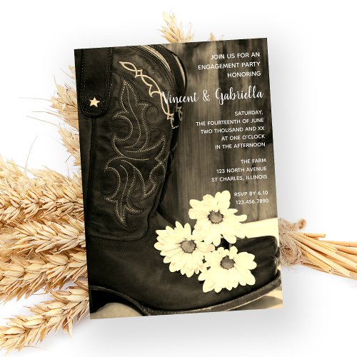 Rustic Boots Daisy Western Engagement Party Sepia Invitation