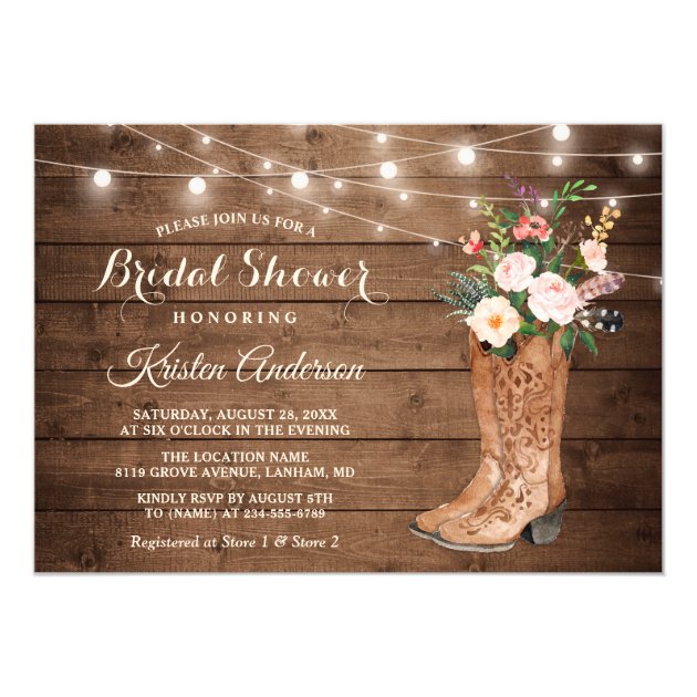 Rustic Boots Floral String Lights Bridal Shower Invitation