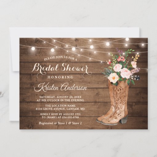 Rustic Boots Floral String Lights Bridal Shower Invitation | Zazzle