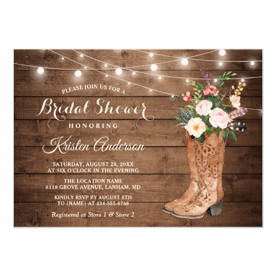 Rustic Boots Floral String Lights Bridal Shower Invitation | Zazzle.com