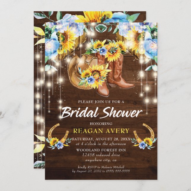 Rustic Boots Floral String Lights Bridal Shower Invitation (Front/Back)