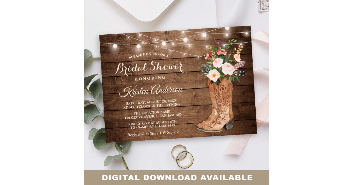 Rustic Boots Floral String Lights Bridal Shower Invitation | Zazzle