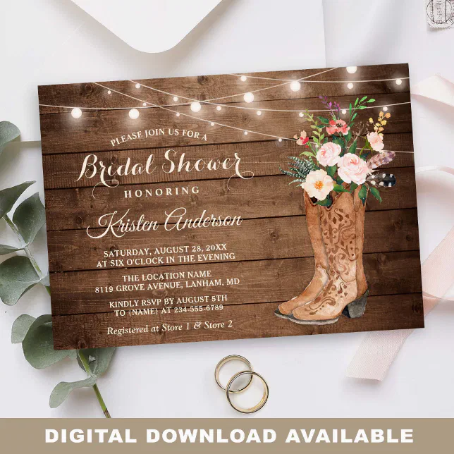 Rustic Boots Floral String Lights Bridal Shower Invitation | Zazzle