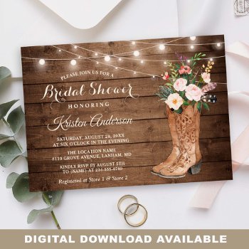 Rustic Boots Floral String Lights Bridal Shower Invitation by CardHunter at Zazzle
