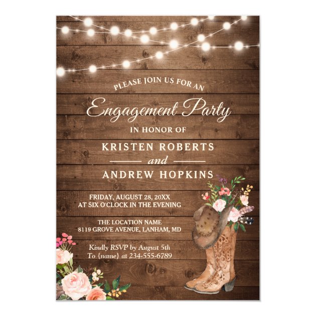 Rustic Boots Floral String Lights Engagement Party Invitation