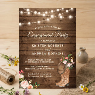 Rustic Boots Floral String Lights Engagement Party Invitation