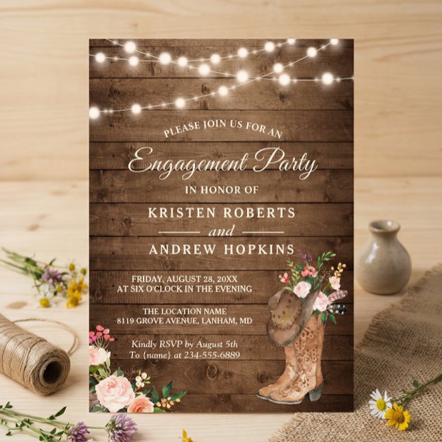 Rustic Boots Floral String Lights Engagement Party Invitation (Creator Uploaded)