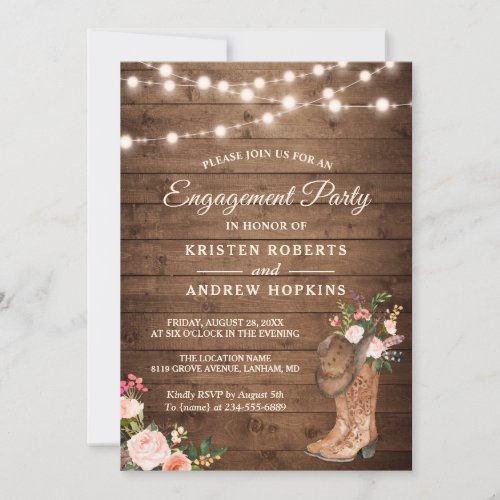 Rustic Boots Floral String Lights Engagement Party Invitation