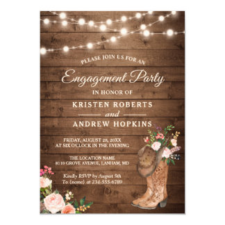 Rustic Boots Floral String Lights Engagement Party Invitation