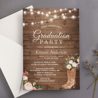 Rustic Boots Floral String Lights Graduation Party Invitation