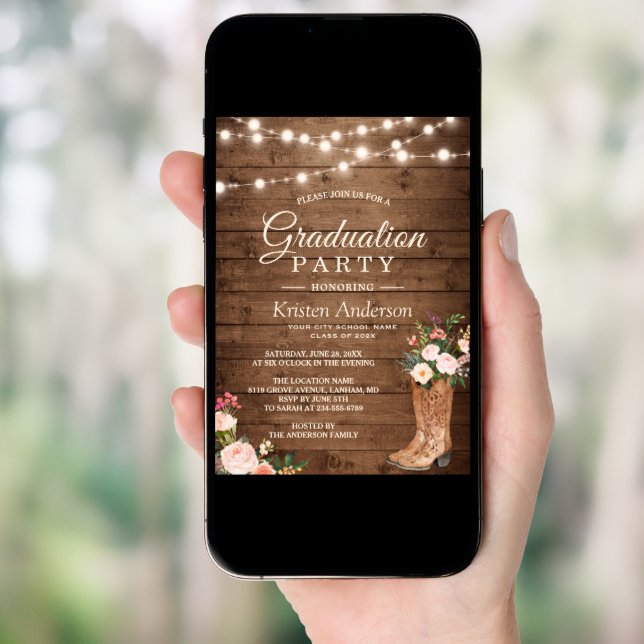 Rustic Boots Floral String Lights Graduation Party Invitation (Front Digital)