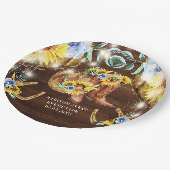 Rustic Boots Floral String Lights Personalized Paper Plates (Angled)