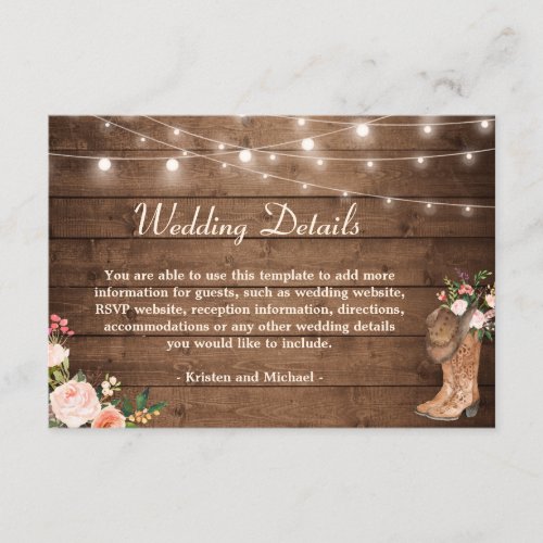 Rustic Boots Floral String Lights Wedding Details Enclosure Card - Rustic Boots Floral String Lights Wedding Details Info Card.
(1) For further customization, please click the "customize further" link and use our design tool to modify this template. 
(2) If you prefer Thicker papers / Matte Finish, you may consider to choose the Matte Paper Type. 
(3) If you need help or matching items, please contact me.