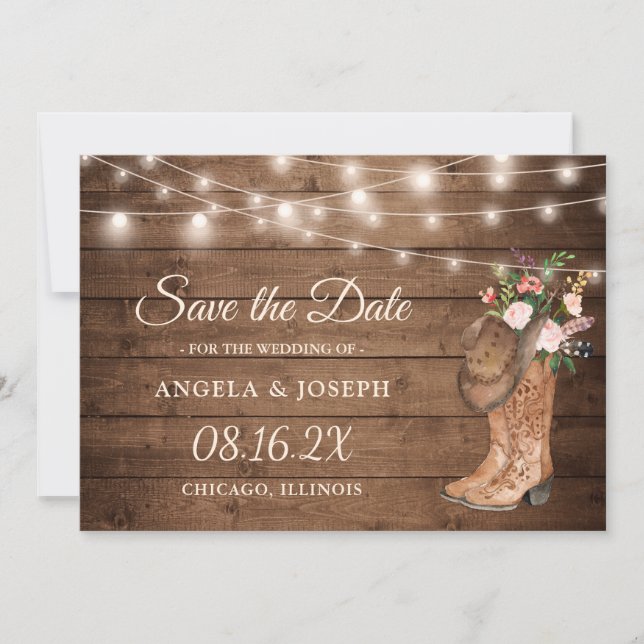 Rustic Boots Floral String Lights Wedding Save The Date (Front)