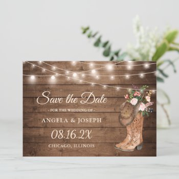Rustic Boots Floral String Lights Wedding Save The Date by CardHunter at Zazzle