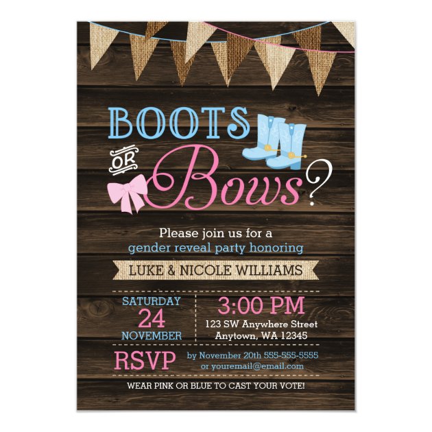 Rustic Boots Or Bows Gender Reveal Baby Shower Invitation