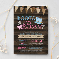 Rustic Boots or Bows Gender Reveal Baby Shower Invitation