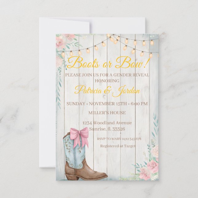 Rustic Boots or Bows Gender Reveal  Invitation (Front)