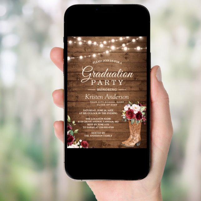 Rustic Boots Red Roses Floral  Graduation Party Invitation (Front Digital)