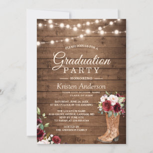 Rustic Boots Red Roses Floral  Graduation Party Invitation