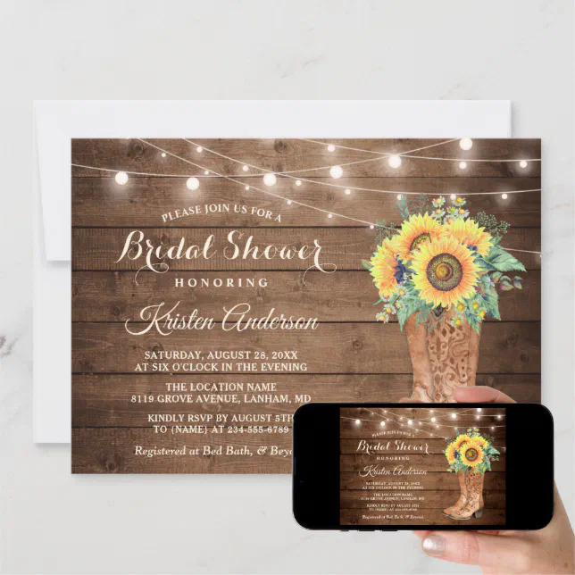 Rustic Boots String Lights Sunflower Bridal Shower Invitation | Zazzle