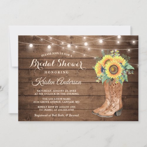 Rustic Boots String Lights Sunflower Bridal Shower Invitation - Rustic Boots String Lights Sunflowers Bridal Shower Invitation. 
(1) For further customization, please click the "customize further" link and use our design tool to modify this template. 
(2) If you prefer Thicker papers / Matte Finish, you may consider to choose the Matte Paper Type. 
(3) If you need help or matching items, please contact me.