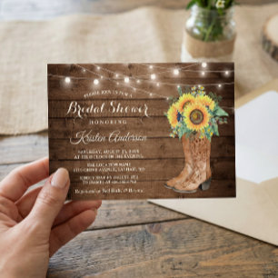 Rustic Boots String Lights Sunflower Bridal Shower Invitation