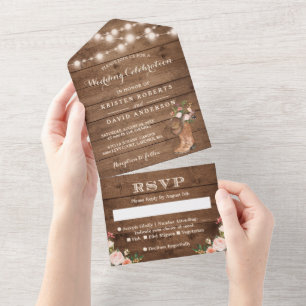 Rustic Boots Western Country String Lights Wedding All In One Invitation