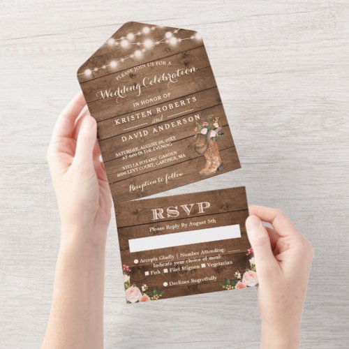 Rustic Boots Western Country String Lights Wedding All In One Invitation - These "Rustic Boots Western Country String Lights Cowboy Cowgirl Wedding All in One Invitations" are designed with an easy to tear off perforated RSVP postcard. Just simply fold each card into the outlined shape, and then seal and send - no envelope needed for shipping.