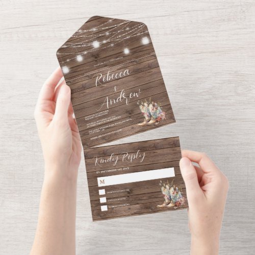 Rustic Boots Western Country String Lights Wedding All In One Invitation