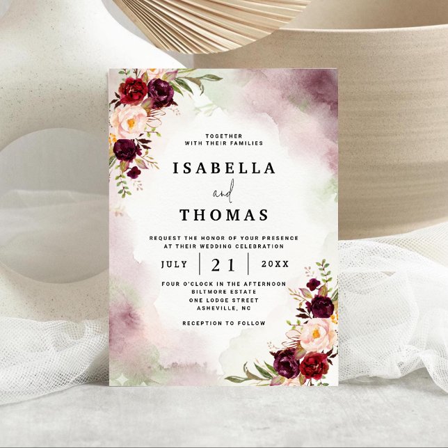 Rustic Bordeaux Blush Floral Wedding Invitation (Creator Uploaded)