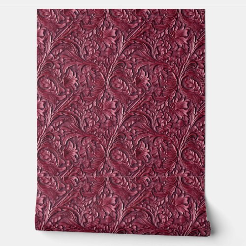 Rustic Bordeaux tooled leather  Wallpaper