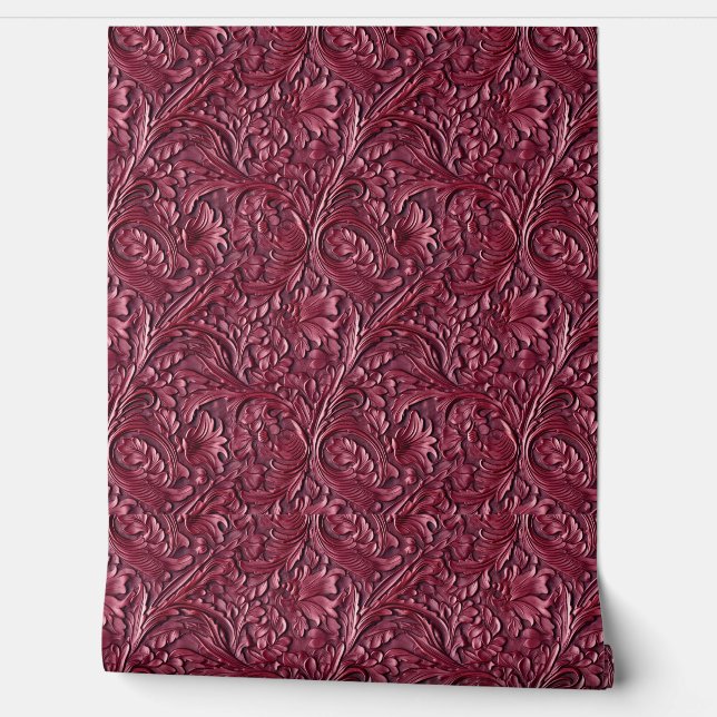 Rustic Bordeaux tooled leather  Wallpaper (Unrolling)