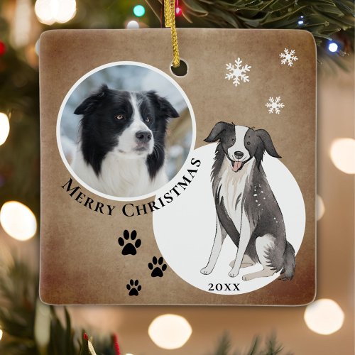 Rustic Border Collie Drawing Paw Merry Christmas Ceramic Ornament