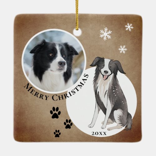 Rustic Border Collie Drawing Paw Merry Christmas Ceramic Ornament