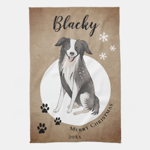 Rustic Border Collie Drawing Paw Merry Christmas  Kitchen Towel