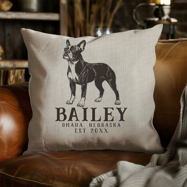 Rustic Boston Terrier Farm Name Grain Sack Throw Pillow (Creator Uploaded)