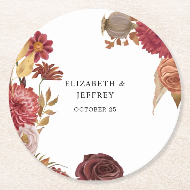 Rustic Botanical Autumn Fall Wedding   Round Paper Coaster (Front)