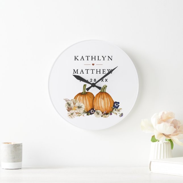 Rustic Botanical Autumn Pumpkin Fall Wedding Large Clock (Home)