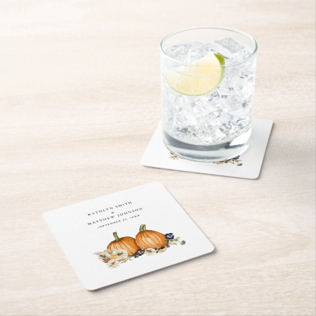 Rustic Botanical Autumn Pumpkin Fall Wedding Square Paper Coaster (Insitu)