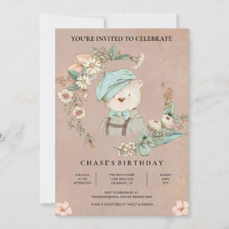 Rustic Botanical Baby Bear Birthday Invitation